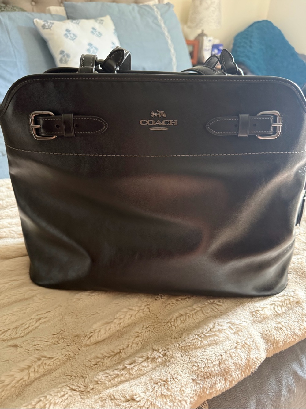 Coach Black Leather Double-Handle Tote with Logo Charm - Picture 8 of 8